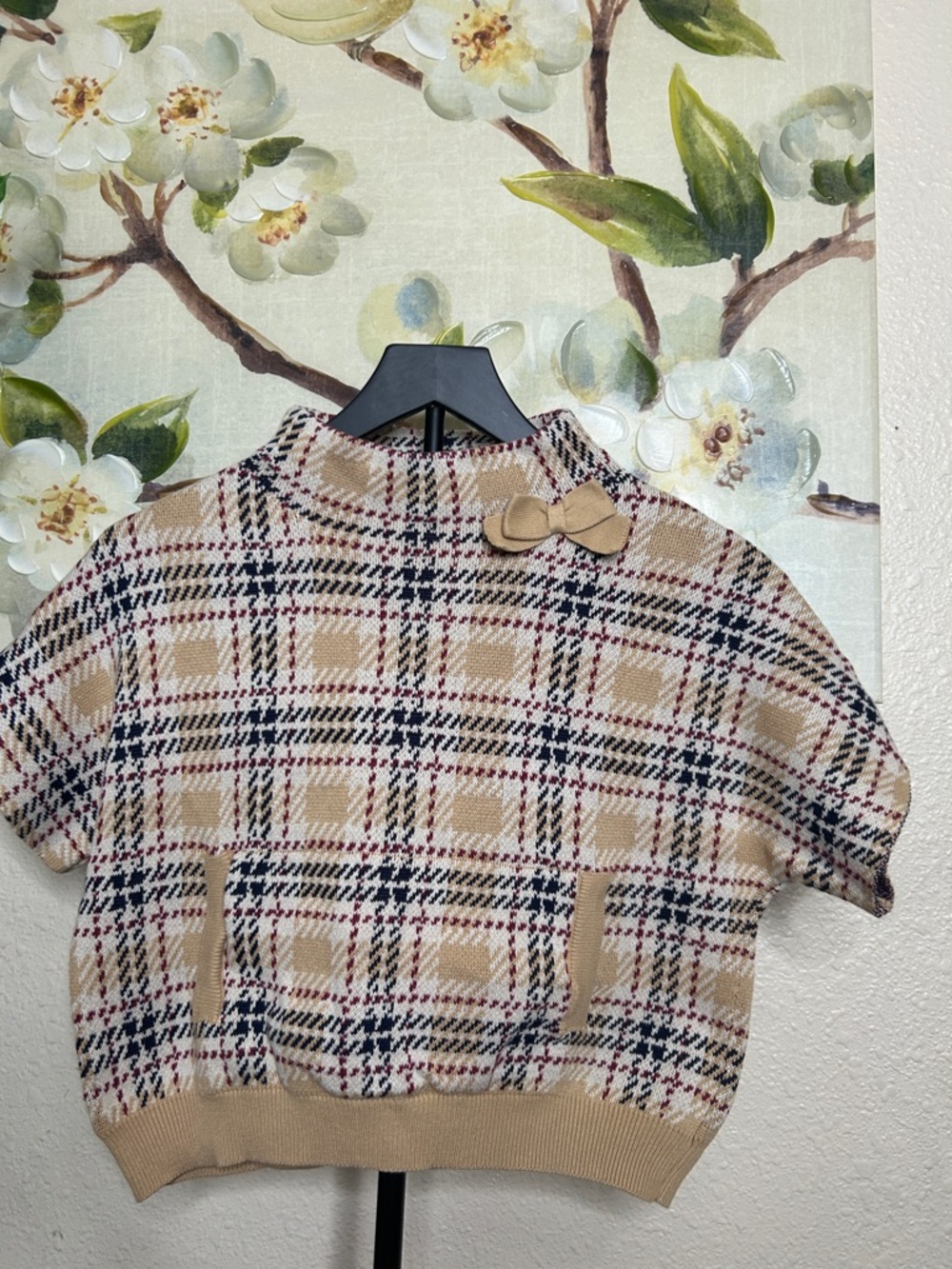 Plaid Bow Accent Short-Sleeve Sweater Top - Beige Plaid